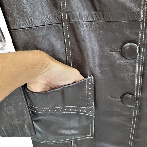 Vtg 70's Womens Leather Trench Coat Cowgirl Western Contrast Stitching Brown S - Picture 4 of 11